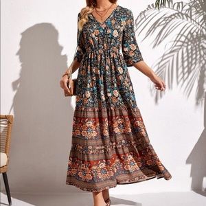 Boho floral print V neck A-line dress